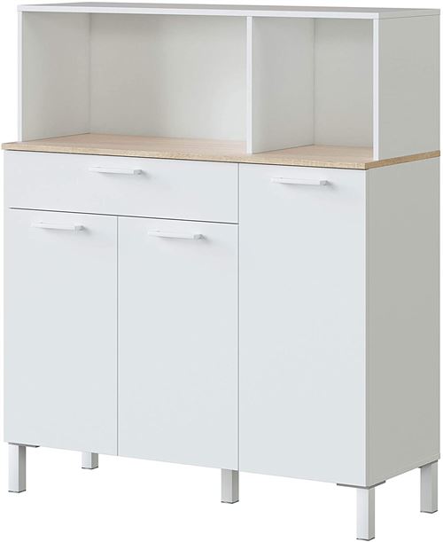 Buffet meuble cuisine 3 portes + tiroir coloris blanc artic / chêne canadien - Hauteur 126 cm x Longueur 108 cm x Profondeur 40 cm