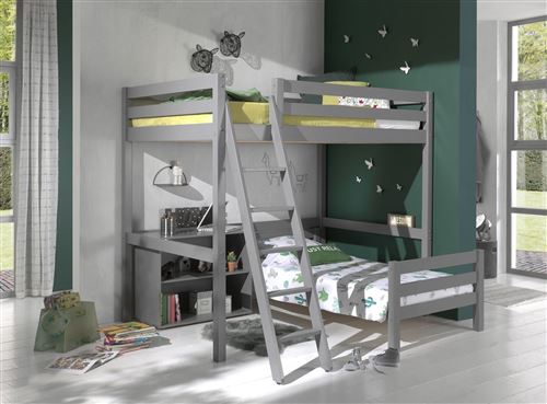 Vipack Lit Mezzanine Enfant Pino 90x200cm Gris + Lit simple + commode