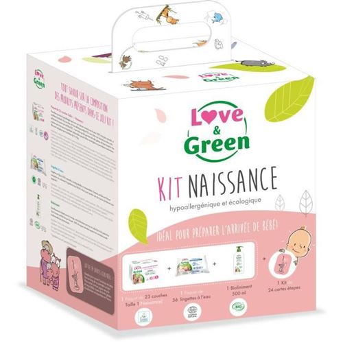 Love & Green Kit naissance (1 paquet de T1 + 1 paquet de lingettes + 1 Bio liniment + 1 lot de 24 cartes étapes)
