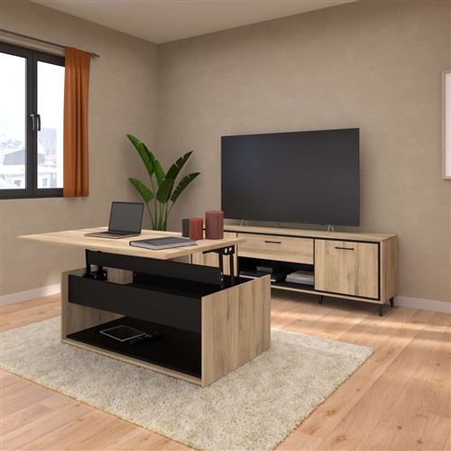 ALTOBUY Ensemble salon table basse relevable + meuble TV aspect bois et noir - OSTAREL