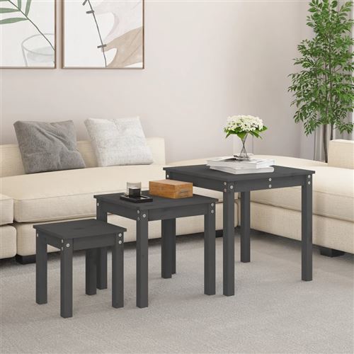 vidaXL - Table d'appoint - Set de 3 tables - Bois de pin massif - Gris - Image 3