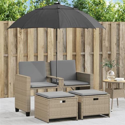 vidaXL Canapé de jardin 2 places avec parasol et tabourets beige rotin, canapé d’extérieur, chaise longue de jardin, canapé 365887