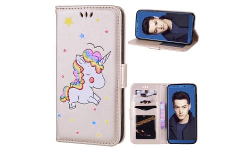 Etui rabat latéral Honor 9 LITE licorne et paillettes coloris gold