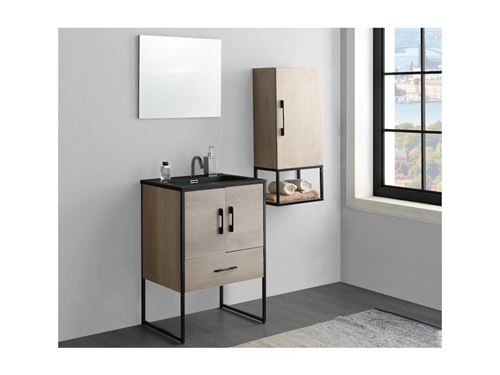 Ensemble salle de bain PHENA - meuble sous vasque + vasque + miroir + meuble haut - effet bois