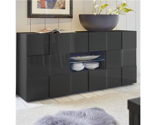 Buffet 2 portes 2 tiroirs gris laqué design SANDREA 2 - L 181 x P 42 x H 84 cm