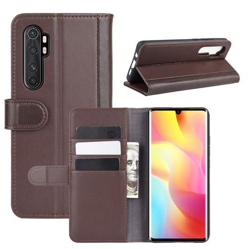 Etui en cuir véritable avec support marron pour votre Xiaomi Mi Note 10 Lite