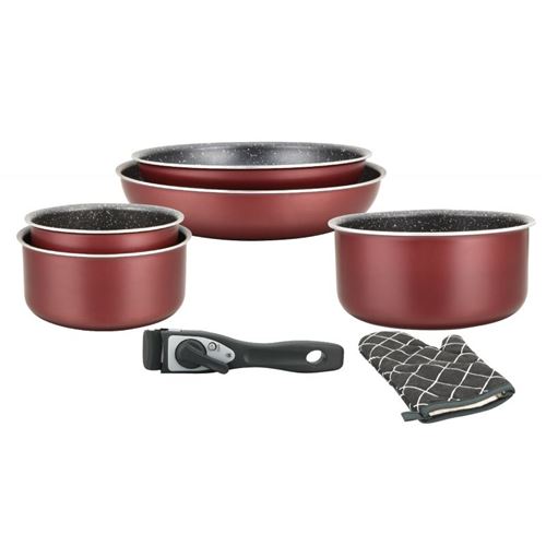 Herzberg Hg-8053: Batterie De Cuisine 7 Pièces Revêtue De Marbre Avec Poignée Amovible Bordeaux