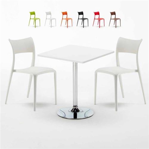Table Carrée Blanche 70x70cm Avec 2 Chaises Colorées Set Intérieur Bar Café Parisienne Cocktail, Couleur: Blanc