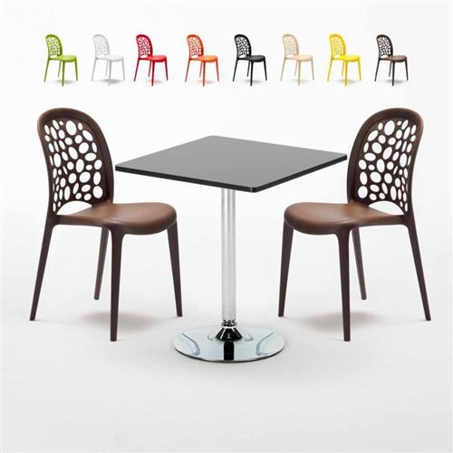 Table Carrée Noire 70x70cm Avec 2 Chaises Colorées Set Intérieur Bar Café WEDDING Mojito, Couleur: Marron