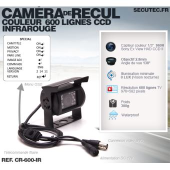 Caméra de recul CCD 600 lignes avec vision nocturne - Équipements