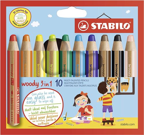 Crayon de coloriage - STABILO woody 3in1 - Étui carton de 10 crayons tout-terrain