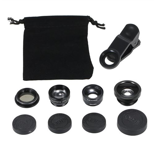 Objectif universel 5-en-1 pour smartphone + Macro + 0.67X Grand angle + 2X Distance augmentée + 180°Fisheye Noir