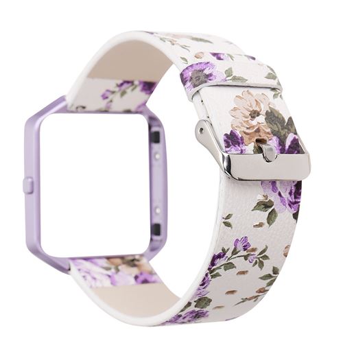 Bracelet en cuir motif de fleurs avec coque de protection pour Fitbit Blaze - Violet&Blanc