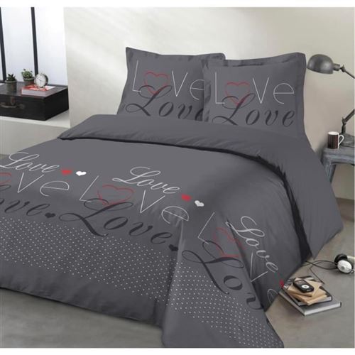 vision parure de couette love - 100% coton - 1 housse de couette 200 x 200 cm + 2 taies d'oreiller 65 x 65 cm - gris