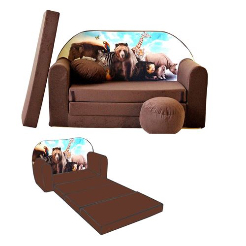 WELOX NINO Canapé convertible lit pour enfant avec pouf et coussin OEKO-TEX Savane marron