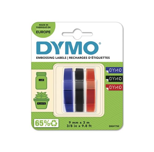Dymo D3 ruban 9 mm, couleurs assorties, blister 3 pièces