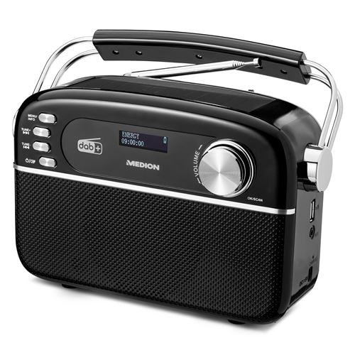 Radio Rétro Portable – Medion Md43809 – Dab+, Fm, Bluetooth, Usb, Aux – 2,5W Rms – Panneau Solaire – Noir
