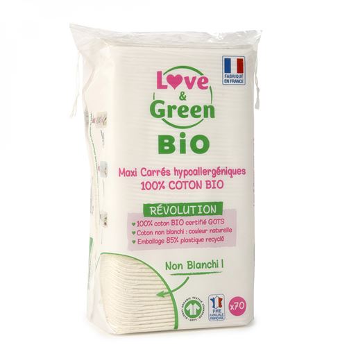 Love and Green - 70 maxi carrés hypoallergéniques - 11 x 9 cm - 100% Coton Bio