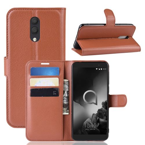 Etui en PU marron avec support pour votre Alcatel 1X (2019)