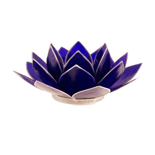 Porte Bougie Fleur de Lotus Bleu foncé et argent 6 ème chakra