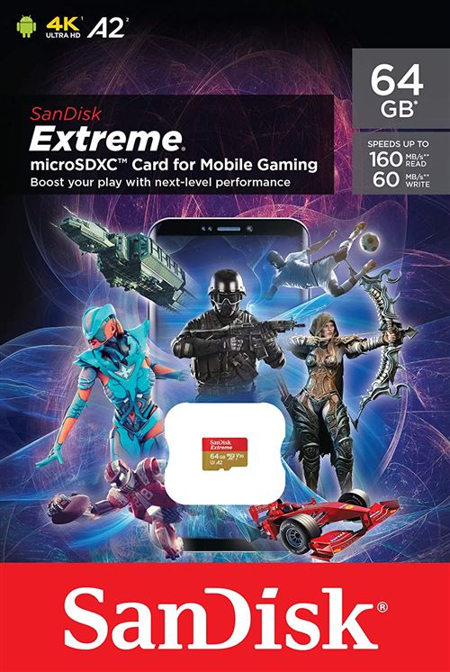 SanDisk Extreme - Carte mémoire flash - 64 Go - A2 / Video Class V30 / UHS-I U3 / Class10 - microSDXC UHS-I
