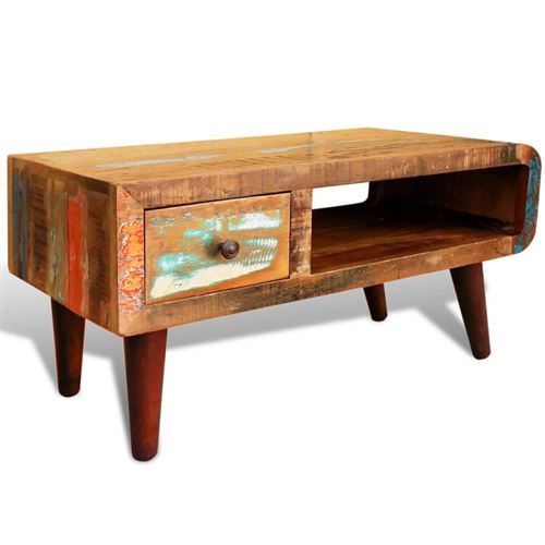 Table basse avec bord incurv&eacute; et 1 tiroir bois de r&eacute;cup&eacute;ration