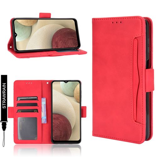 Coque Etui Pour Samsung Galaxy A12 / M12 à rabat cuir PU Portefeuille Magnétique 5 Emplacement Cartes - Rouge