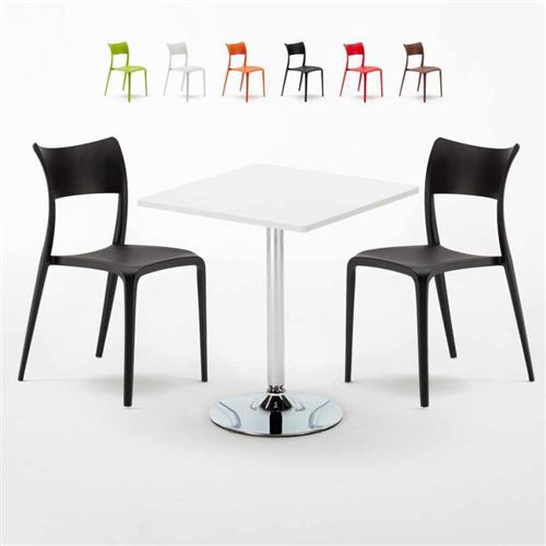 Table Carrée Blanche 70x70cm Avec 2 Chaises Colorées Set Intérieur Bar Café Parisienne Cocktail, Couleur: Noir