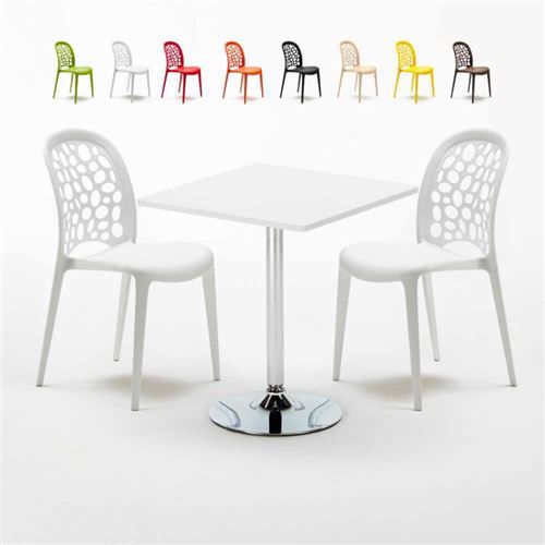 Table Carrée Blanche 70x70cm Avec 2 Chaises Colorées Set Intérieur Bar Café Weddin Cocktail, Couleur: Blanc