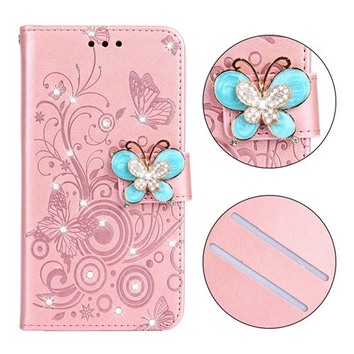 Etui en PU fleur papillon rhinestone or rose pour votre Samsung Galaxy J4+