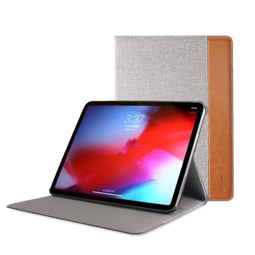 Etui en PU tissu de toile contraste couleur auto-réveil/sommeil gris clair/marron clair pour votre Apple iPad Pro 11-inch (2018)