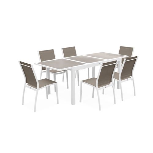 Sweeek Salon de jardin table extensible - Orlando Taupe - Table en aluminium 150/210cm plateau de verre rallonge et 6 chaises en textilène