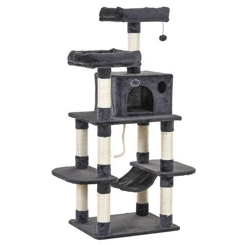 Comparer les prix de Arbre à chats multi-équipements griffoirs grattoirs plateformes niche hamac paniers corde jouets suspendus dim. 60L x 48l x 144H cm gris foncé