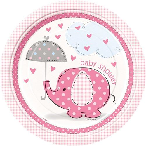 Unique Party 41655 - Paquet de 8 Assiettes en Carton - Baby Shower Éléphant - Rose - 23 cm