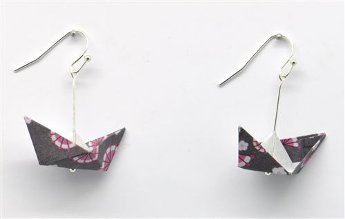 Boucles d'oreille papier origami bateau rose gris f. - the cocotte