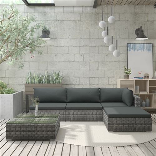Vidaxl Gris Salon De Jardin 5 Pcs Avec Coussins Résine Tressée - Image 2