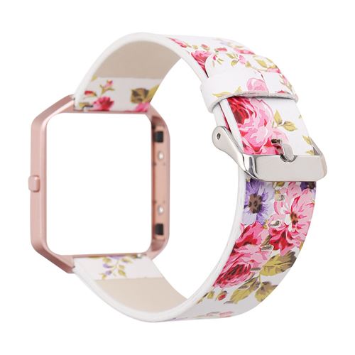 Bracelet en cuir motif de fleurs avec coque de protection pour Fitbit Blaze - Blanc&Rose