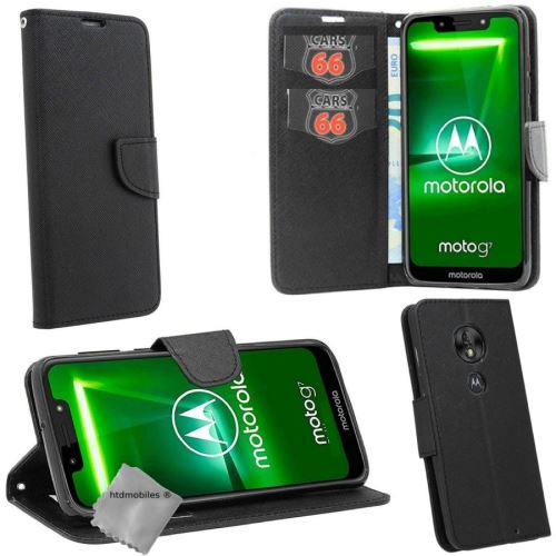 Housse portefeuille avec coque intérieure en silicone pour Motorola Moto G7 Power - verre trempe inclus - NOIR / NOIR
