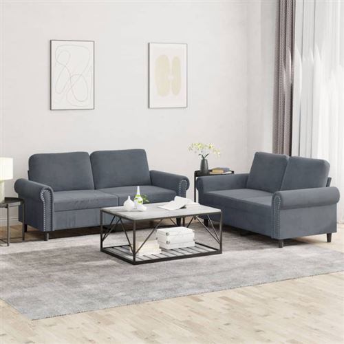 Vidaxl Gris Ensemble De Canapés 2 Pcs Avec Coussins Foncé Velours - Image 2