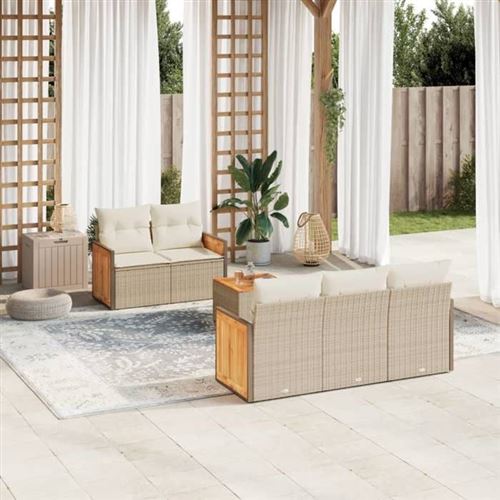 Salon de jardin avec coussins 6 pcs beige r&eacute;sine tress&eacute;e 