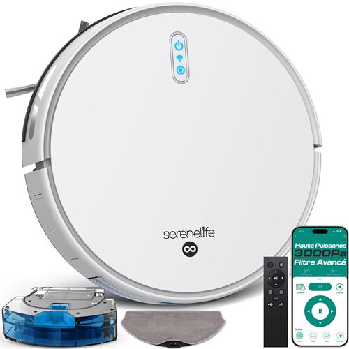  SereneLife Robot Aspirateur et Balai Intelligent Combo, Aspiration de 3000Pa, Contr&ocirc;le par App, 4 Modes de Nettoyage, Capteurs Anti-Chutes, Nettoyage Multi-Surfaces, Auto-Charge, pour Poils 