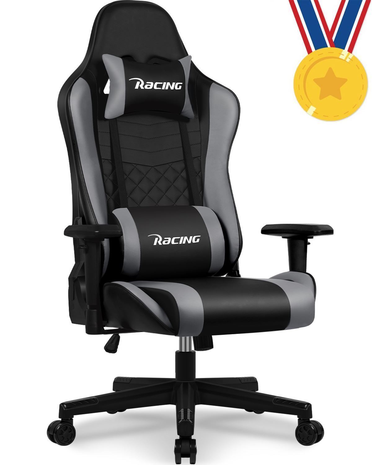 Chaise Gaming, Charge 150KG Fauteuil Gamer Ergonomique Assise de 53CM, Appui-Tete, Coussin Lombaire et Accoudoirs Réglables, Noire et Grise