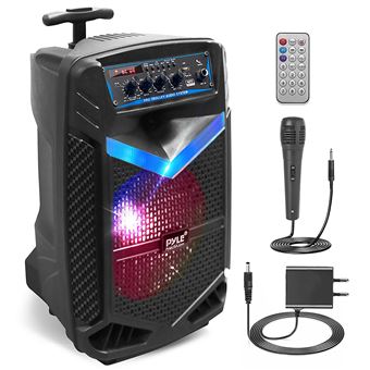 Enceinte Bluetooth Pyle 300W – Portable Avec Caisson 8″, Tweeter, Lumières DJ, Batterie Rechargeable, Micro + USB + Radio FM + Télécommande