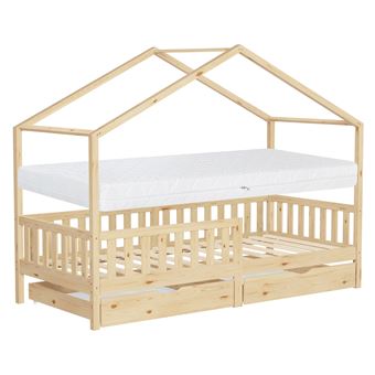 ML-Design Lit Cabane Enfant 90x200cm Naturel avec Matelas H16cm et 2 Tiroirs, Protection - 1