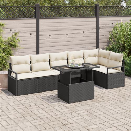 Non Communiqué Noir Ensemble De Canapé De Jardin 7 Pièces Avec Coussins Poly Rattan, Canapé De Jardin 2 Places Avec Coussins Poly Rattan