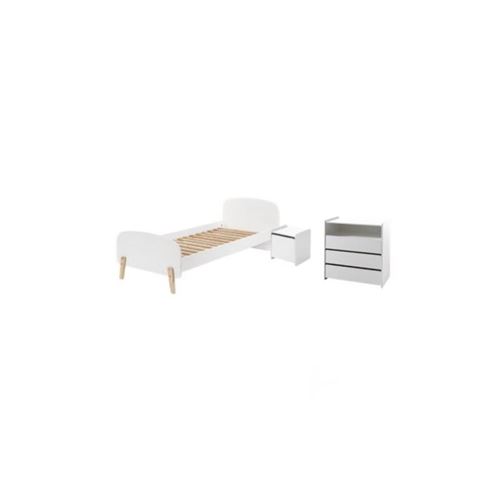 Lit 90x200 - Chevet 1 porte et Commode 3 tiroirs Kiddy - Blanc
