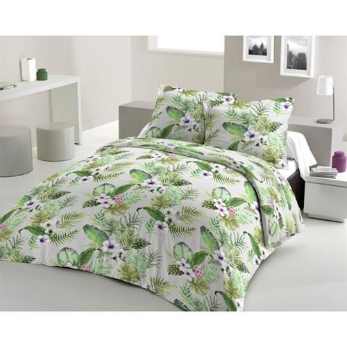 LOVELY HOME Parure de couette Coton TROPICAL - Gris Clair - 220x240 cm