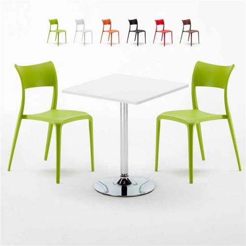 Table Carrée Blanche 70x70cm Avec 2 Chaises Colorées Set Intérieur Bar Café Parisienne Cocktail, Couleur: Vert