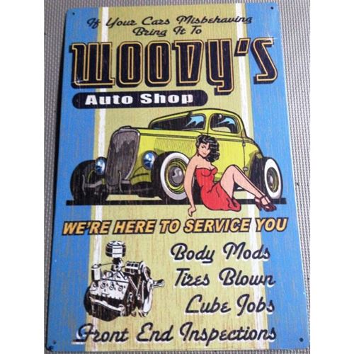 Plaque woody's jaune pin up robe rouge tole publicitaire usa