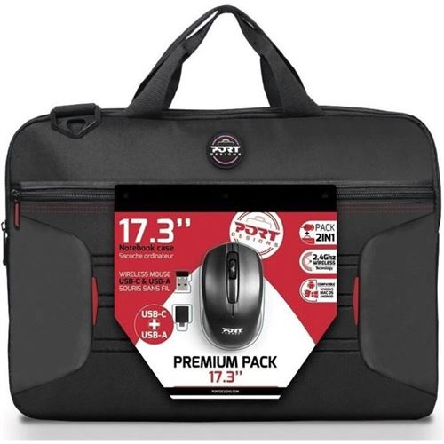 PORT Designs - Premium Pack - sacoche pour ordinateur portable - 17.3 - avec souris optique sans fil 1 000 dpi USB-C et USB-A